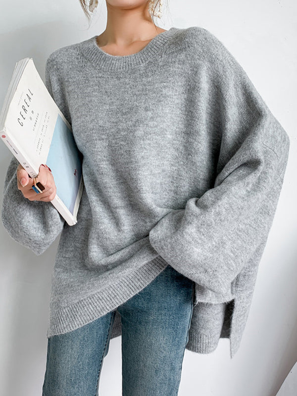 Stretch Mohair-Blend Balloon Sleeves Loose Solid Round-Neck Sweater Tops - Image 12