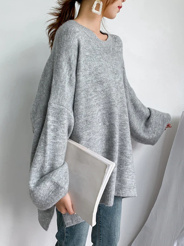 Stretch Mohair-Blend Balloon Sleeves Loose Solid Round-Neck Sweater Tops - Image 13