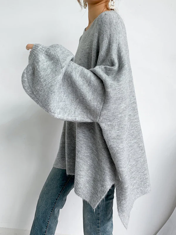 Stretch Mohair-Blend Balloon Sleeves Loose Solid Round-Neck Sweater Tops - Image 14