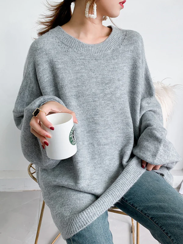 Stretch Mohair-Blend Balloon Sleeves Loose Solid Round-Neck Sweater Tops - Image 15