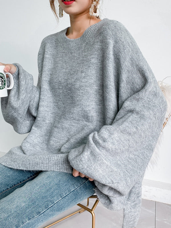 Stretch Mohair-Blend Balloon Sleeves Loose Solid Round-Neck Sweater Tops - Image 16