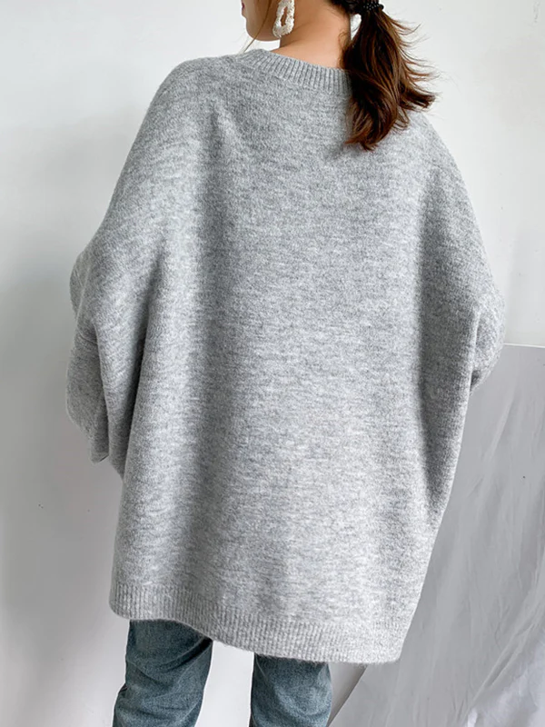Stretch Mohair-Blend Balloon Sleeves Loose Solid Round-Neck Sweater Tops - Image 17