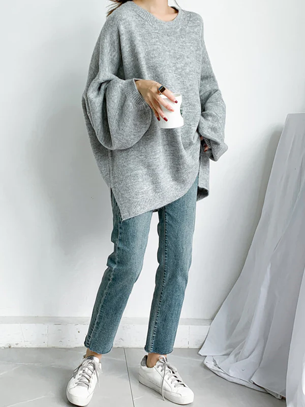 Stretch Mohair-Blend Balloon Sleeves Loose Solid Round-Neck Sweater Tops - Image 18
