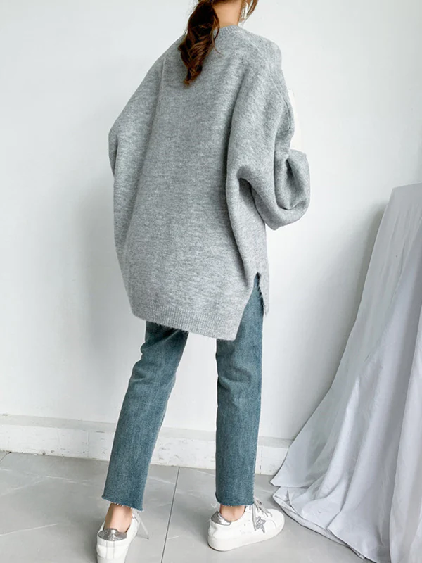 Stretch Mohair-Blend Balloon Sleeves Loose Solid Round-Neck Sweater Tops - Image 19