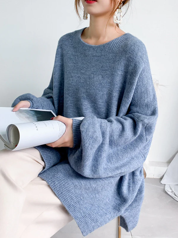 Stretch Mohair-Blend Balloon Sleeves Loose Solid Round-Neck Sweater Tops - Image 2