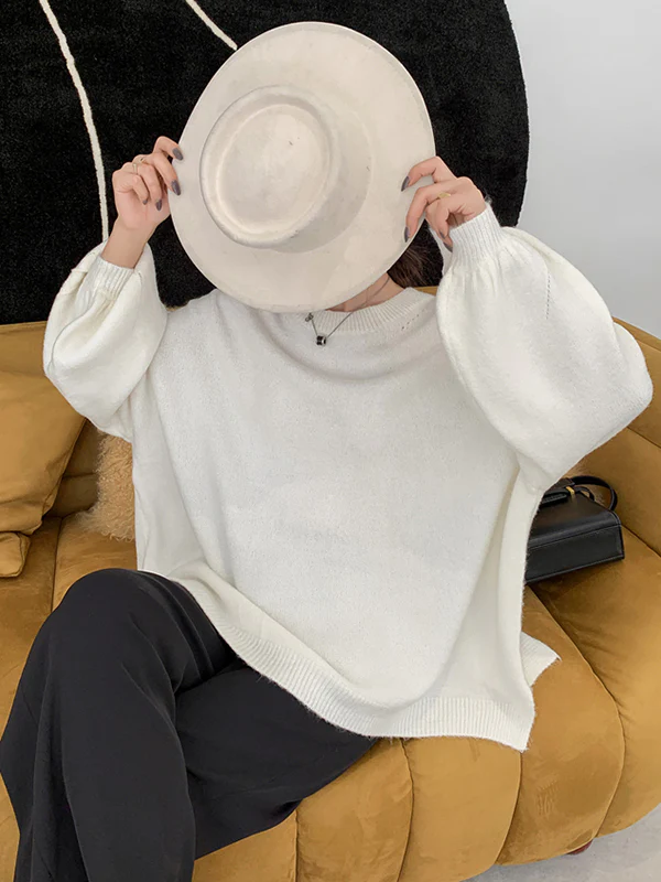 Stretch Mohair-Blend Balloon Sleeves Loose Solid Round-Neck Sweater Tops - Image 20