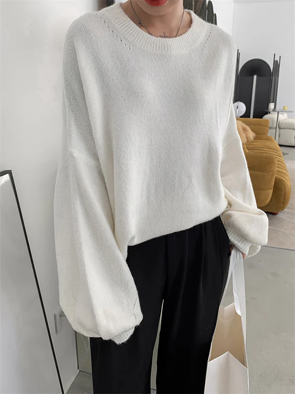 Stretch Mohair-Blend Balloon Sleeves Loose Solid Round-Neck Sweater Tops - Image 21