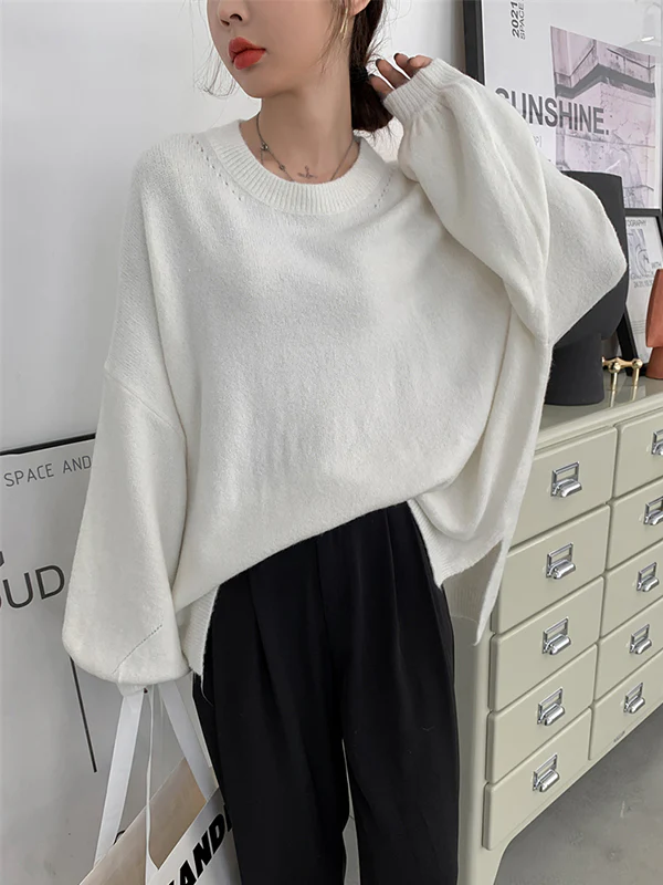 Stretch Mohair-Blend Balloon Sleeves Loose Solid Round-Neck Sweater Tops - Image 22
