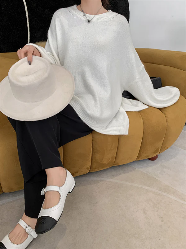 Stretch Mohair-Blend Balloon Sleeves Loose Solid Round-Neck Sweater Tops - Image 23