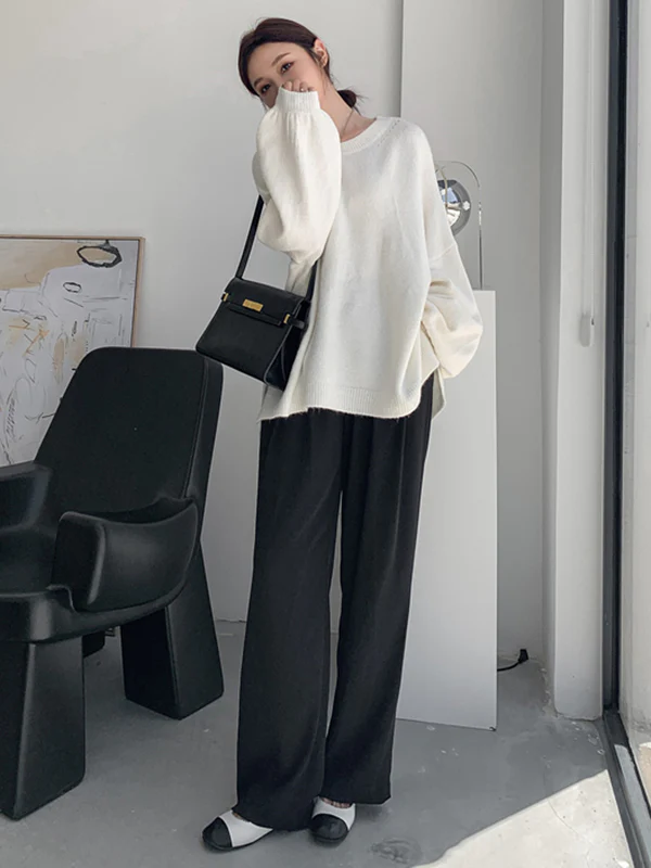 Stretch Mohair-Blend Balloon Sleeves Loose Solid Round-Neck Sweater Tops - Image 24