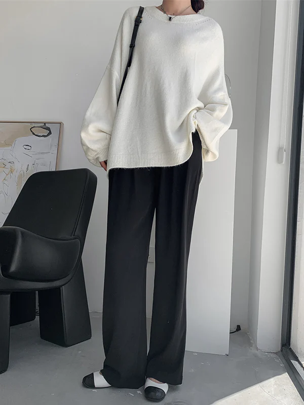 Stretch Mohair-Blend Balloon Sleeves Loose Solid Round-Neck Sweater Tops - Image 25