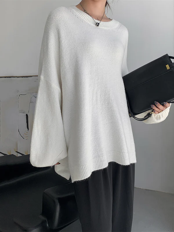 Stretch Mohair-Blend Balloon Sleeves Loose Solid Round-Neck Sweater Tops - Image 3