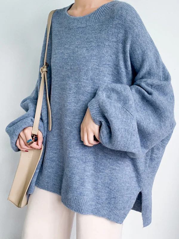 Stretch Mohair-Blend Balloon Sleeves Loose Solid Round-Neck Sweater Tops - Image 4