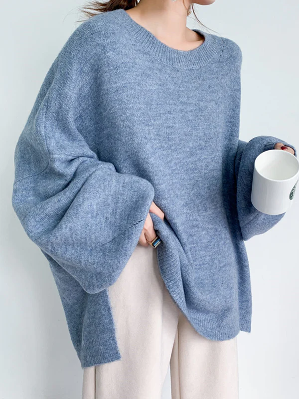 Stretch Mohair-Blend Balloon Sleeves Loose Solid Round-Neck Sweater Tops - Image 5