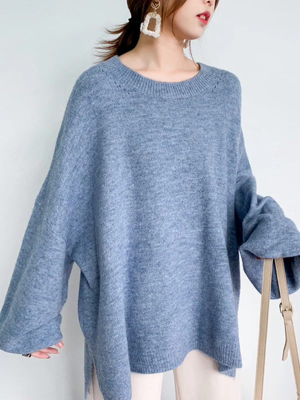 Stretch Mohair-Blend Balloon Sleeves Loose Solid Round-Neck Sweater Tops - Image 7