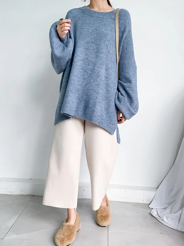 Stretch Mohair-Blend Balloon Sleeves Loose Solid Round-Neck Sweater Tops - Image 8