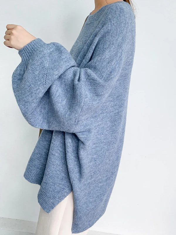 Stretch Mohair-Blend Balloon Sleeves Loose Solid Round-Neck Sweater Tops - Image 9