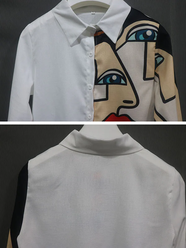 Stylish Asymmetric Abstract Printed Lapel Long Sleeves Blouse Tops - Image 3