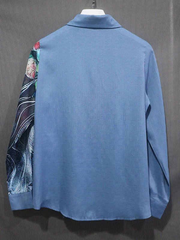 Stylish Asymmetric Floral Printed Lapel Long Sleeves Blouse Tops - Image 2