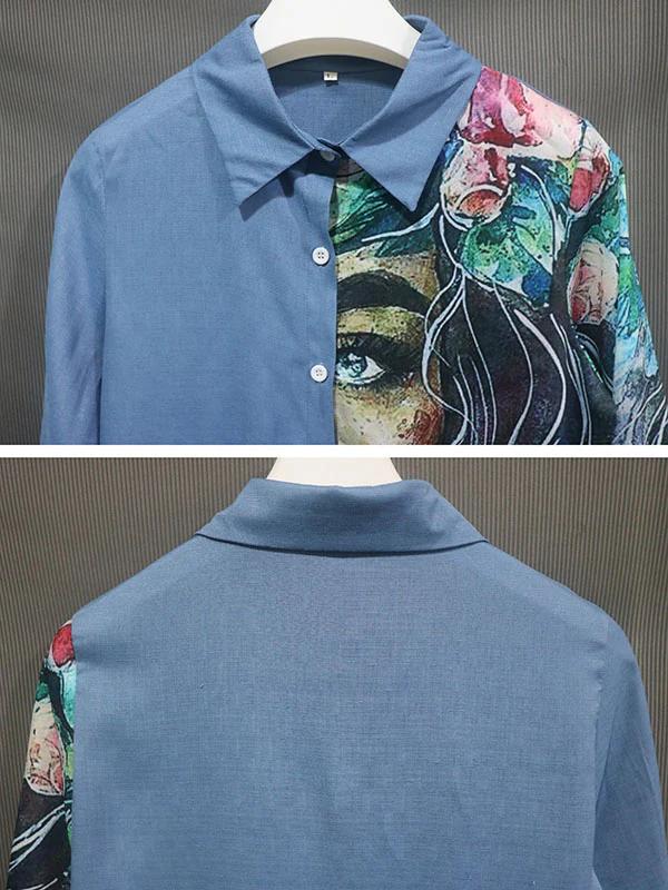 Stylish Asymmetric Floral Printed Lapel Long Sleeves Blouse Tops - Image 3