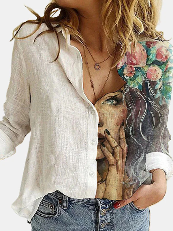 Stylish Asymmetric Floral Printed Lapel Long Sleeves Blouse Tops - Image 5