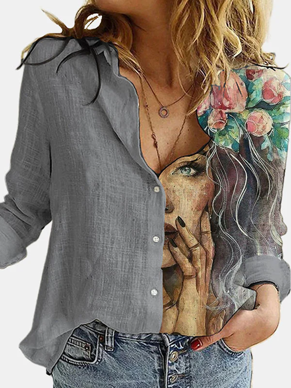 Stylish Asymmetric Floral Printed Lapel Long Sleeves Blouse Tops - Image 6