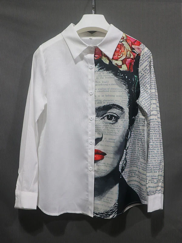 Stylish Asymmetric Printed Lapel Long Sleeves Blouse Tops - Image 5