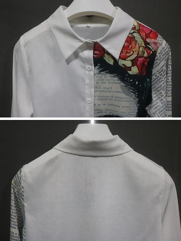 Stylish Asymmetric Printed Lapel Long Sleeves Blouse Tops - Image 7