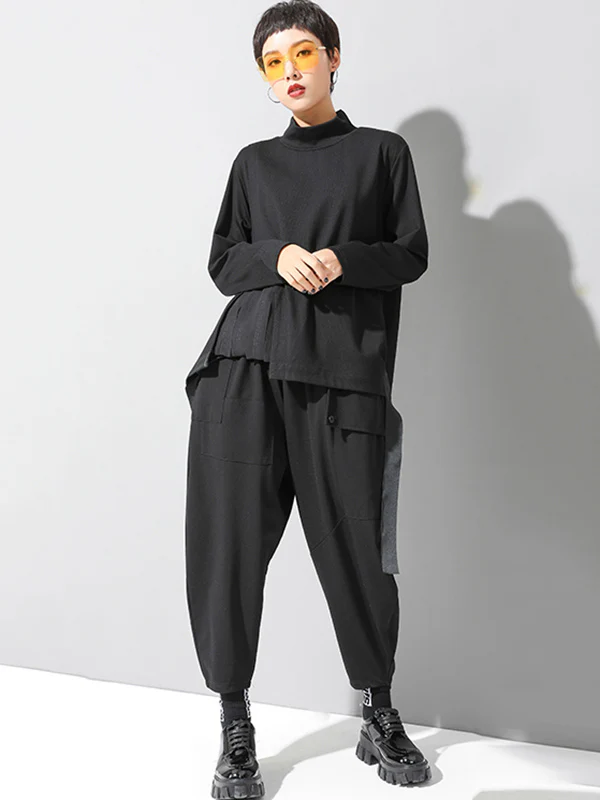 Stylish Black Asymmetric Elasticity Harem Pants - Image 9