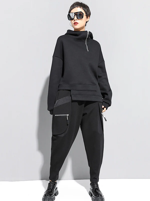 Stylish Black Asymmetric Zipper Hoodies - Image 10