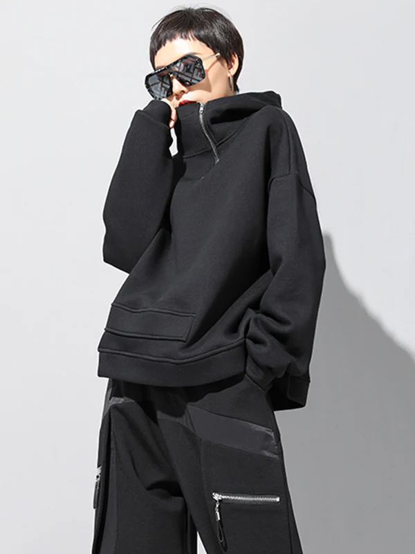 Stylish Black Asymmetric Zipper Hoodies - Image 2