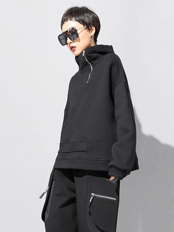 Stylish Black Asymmetric Zipper Hoodies - Image 3