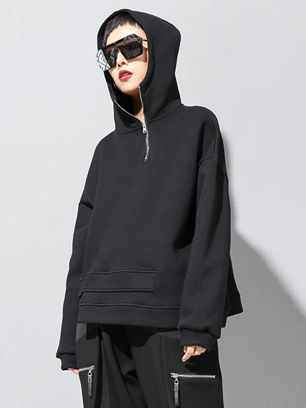 Stylish Black Asymmetric Zipper Hoodies - Image 5