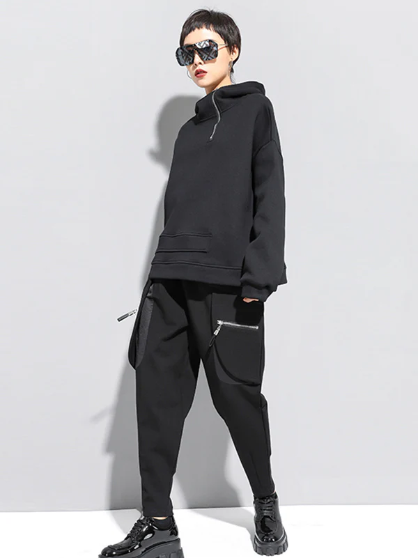 Stylish Black Asymmetric Zipper Hoodies - Image 8