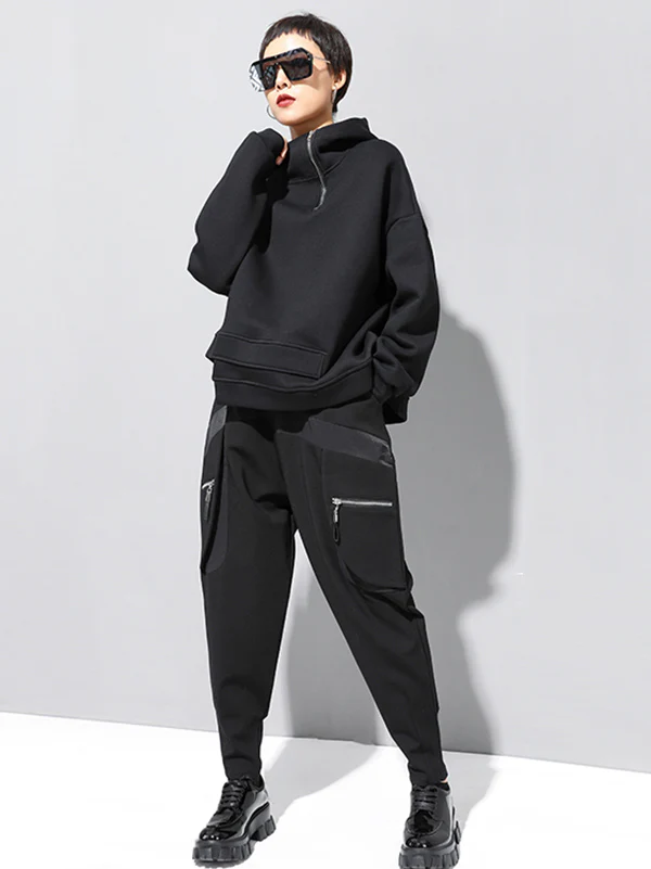 Stylish Black Asymmetric Zipper Hoodies - Image 9