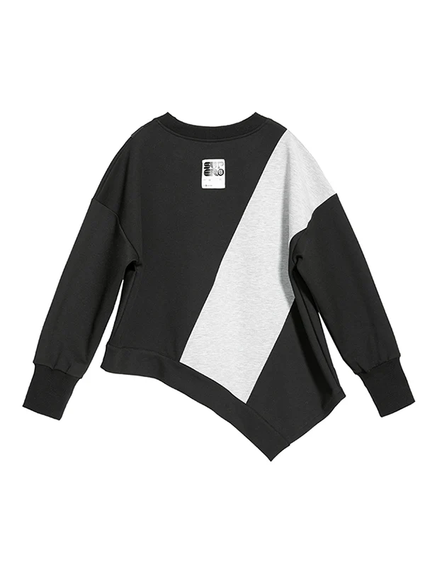 Stylish Black&Gray Asymmetric Contrast Color Long Sleeves Round-Neck T-Shirt - Image 10