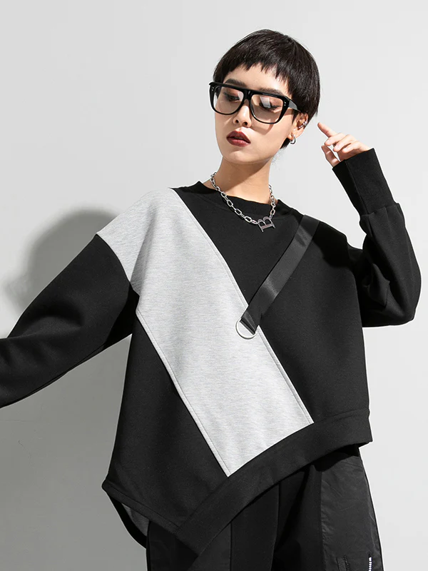 Stylish Black&Gray Asymmetric Contrast Color Long Sleeves Round-Neck T-Shirt - Image 2
