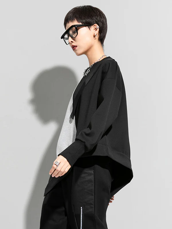 Stylish Black&Gray Asymmetric Contrast Color Long Sleeves Round-Neck T-Shirt - Image 3