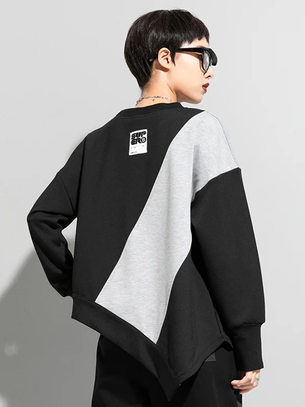 Stylish Black&Gray Asymmetric Contrast Color Long Sleeves Round-Neck T-Shirt - Image 4