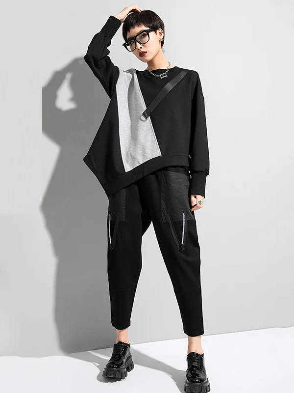 Stylish Black&Gray Asymmetric Contrast Color Long Sleeves Round-Neck T-Shirt - Image 5