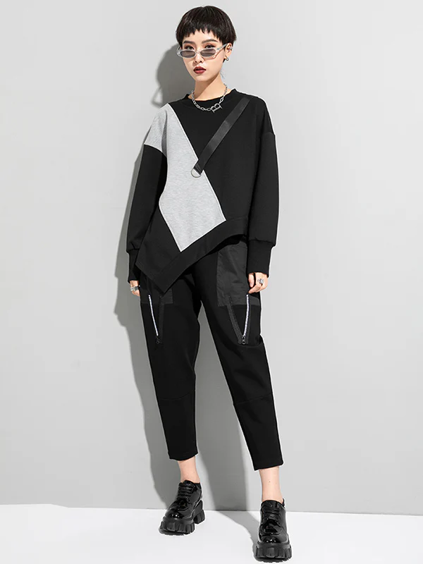 Stylish Black&Gray Asymmetric Contrast Color Long Sleeves Round-Neck T-Shirt - Image 6