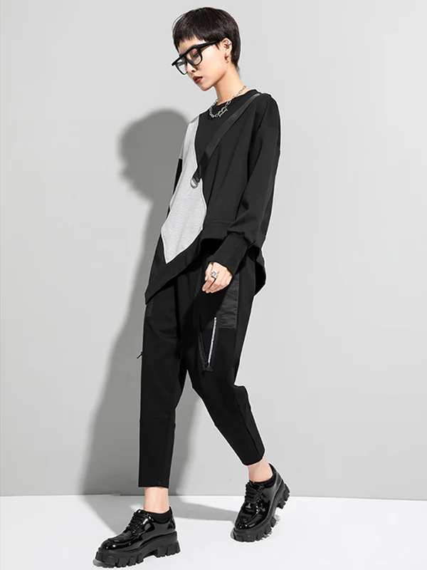 Stylish Black&Gray Asymmetric Contrast Color Long Sleeves Round-Neck T-Shirt - Image 7