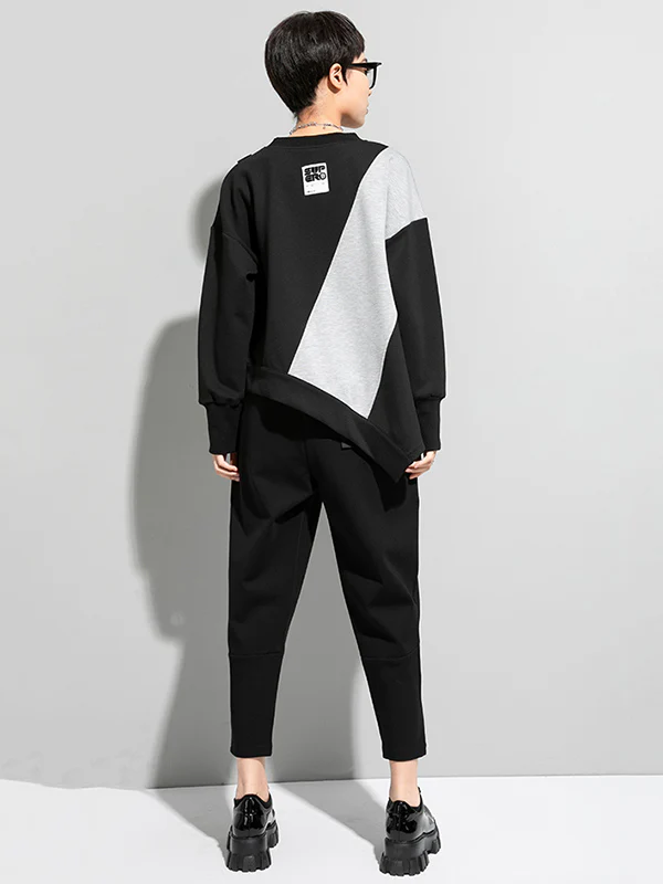 Stylish Black&Gray Asymmetric Contrast Color Long Sleeves Round-Neck T-Shirt - Image 8