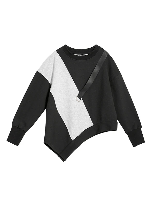 Stylish Black&Gray Asymmetric Contrast Color Long Sleeves Round-Neck T-Shirt - Image 9