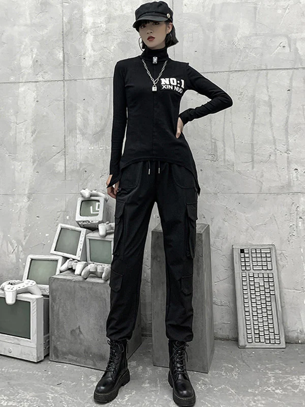 Stylish Drawstring Punk Empire Black Casual Overalls Pants - Image 3