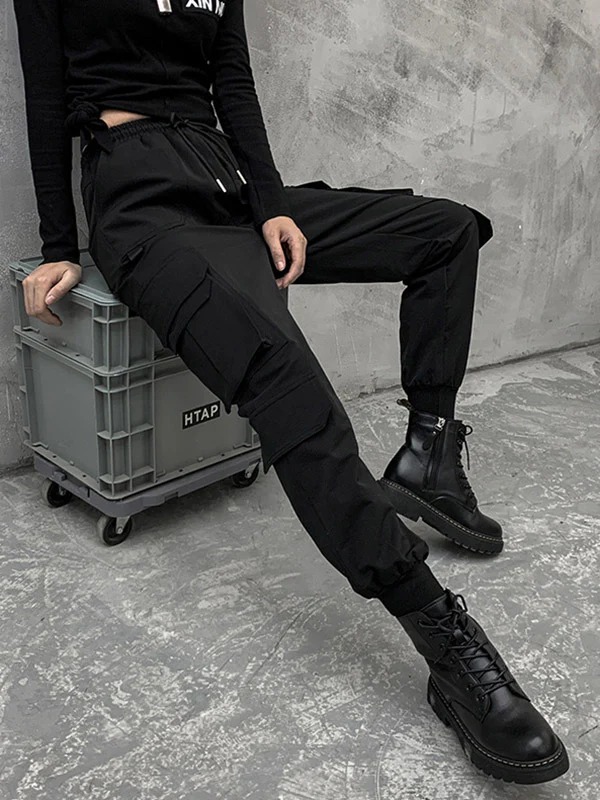 Stylish Drawstring Punk Empire Black Casual Overalls Pants - Image 4