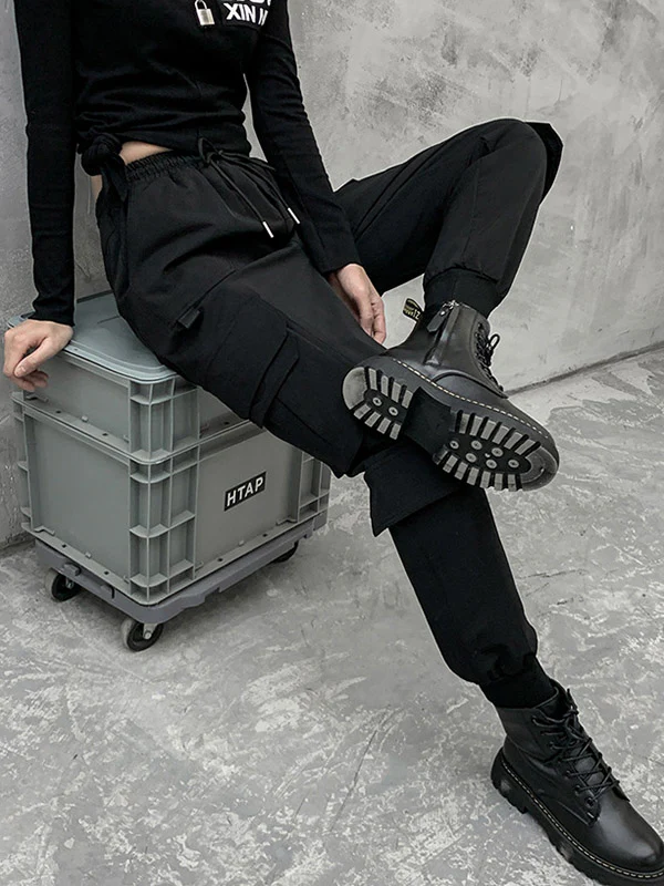 Stylish Drawstring Punk Empire Black Casual Overalls Pants - Image 6