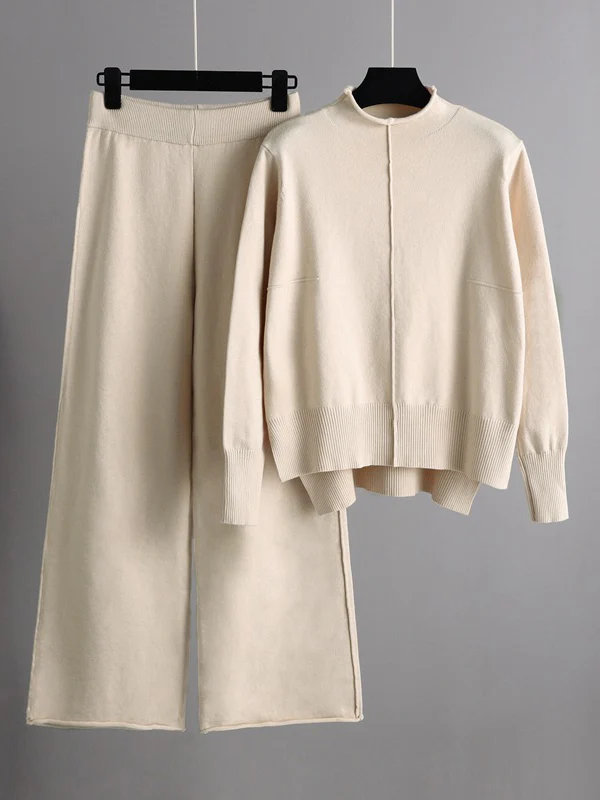Stylish High-Low Long Sleeves Split-Side Solid Half Turtleneck Sweater Tops & Wide Leg Pants Two Pieces Set - Image 2
