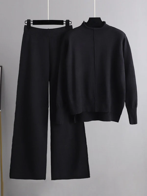 Stylish High-Low Long Sleeves Split-Side Solid Half Turtleneck Sweater Tops & Wide Leg Pants Two Pieces Set - Image 3