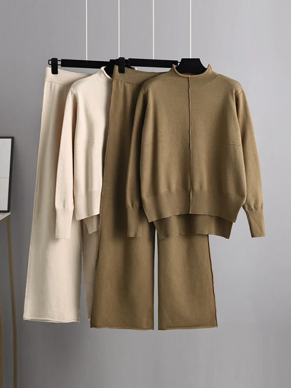 Stylish High-Low Long Sleeves Split-Side Solid Half Turtleneck Sweater Tops & Wide Leg Pants Two Pieces Set - Image 4